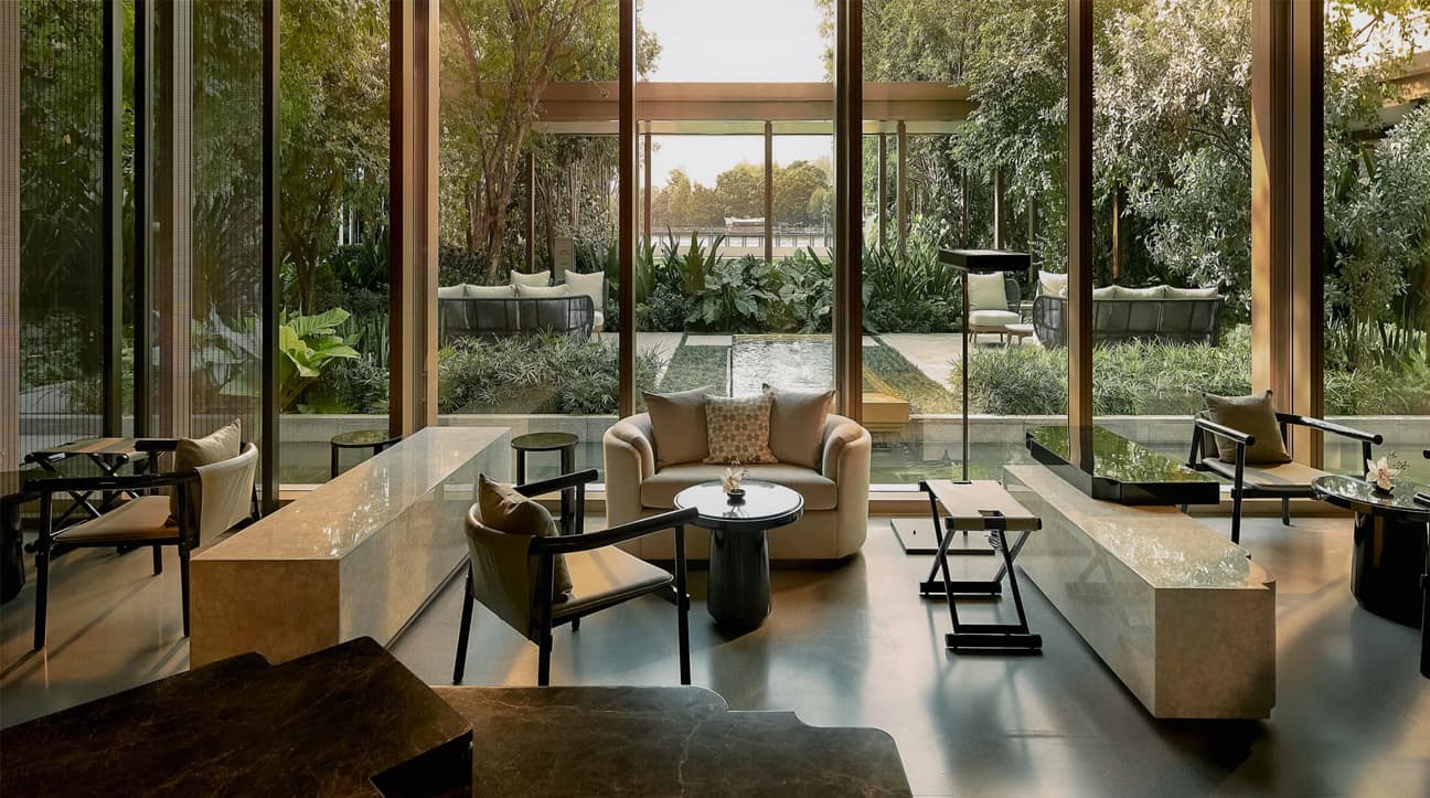 Garden-framed spa lounge at Auriga Wellness, Capella Bangkok